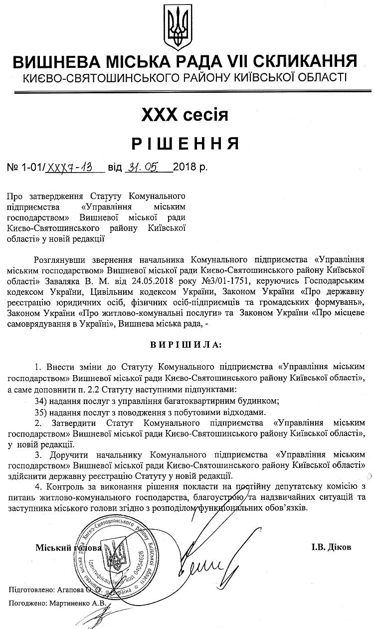 РІШЕННЯ ХХX СЕСІЇ VIІ СКЛИКАННЯ від 31.05.2018 року